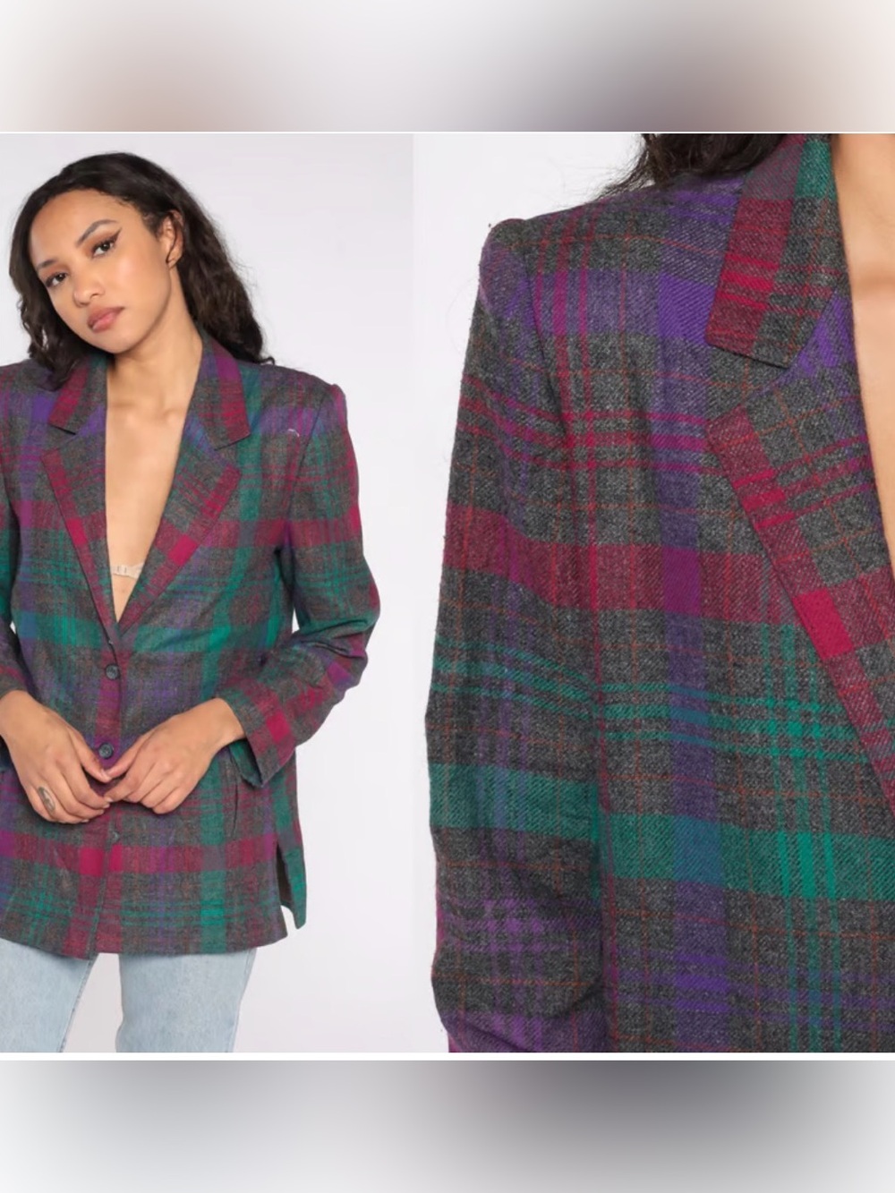 Vintage 1980s Country Suburbans Plaid Blazer Purple Teal Magenta Union Made USA